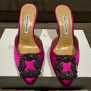 Manolo Blahnik Hangisimu Hot Pink Satin Mule Heels 37